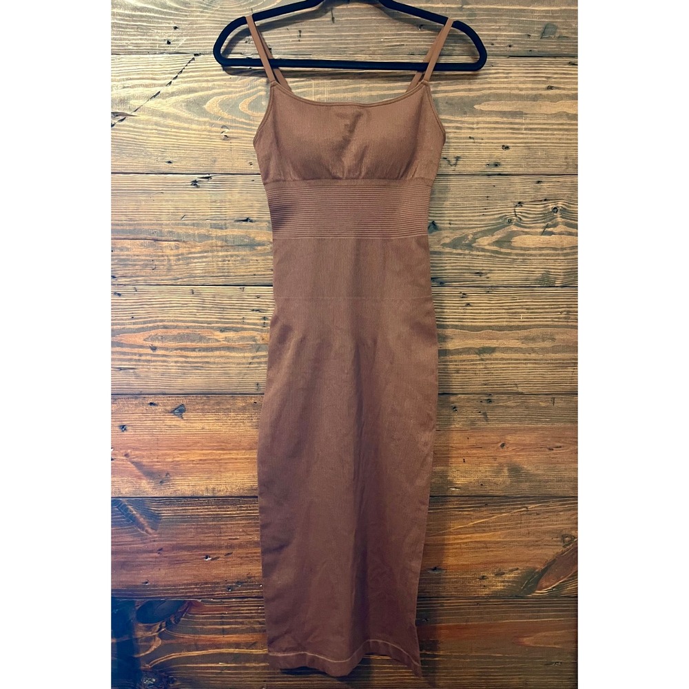 Ribbed Bodycon Midi Dress Womens XS/S Chocolate Brown Built-in Bra Layering Chic